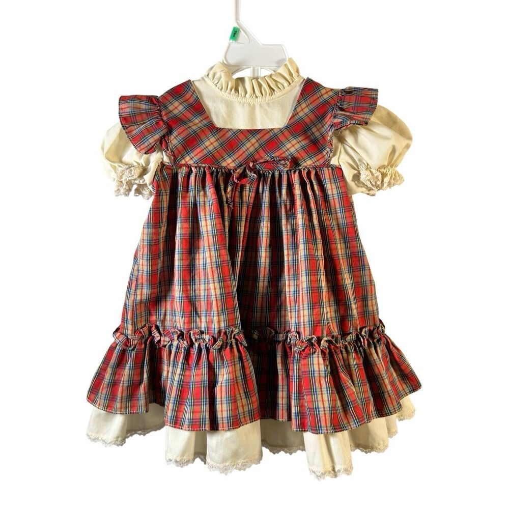 Bryan prairie girls dress 4t plaid red cream MAde‎ in the USA vintage
